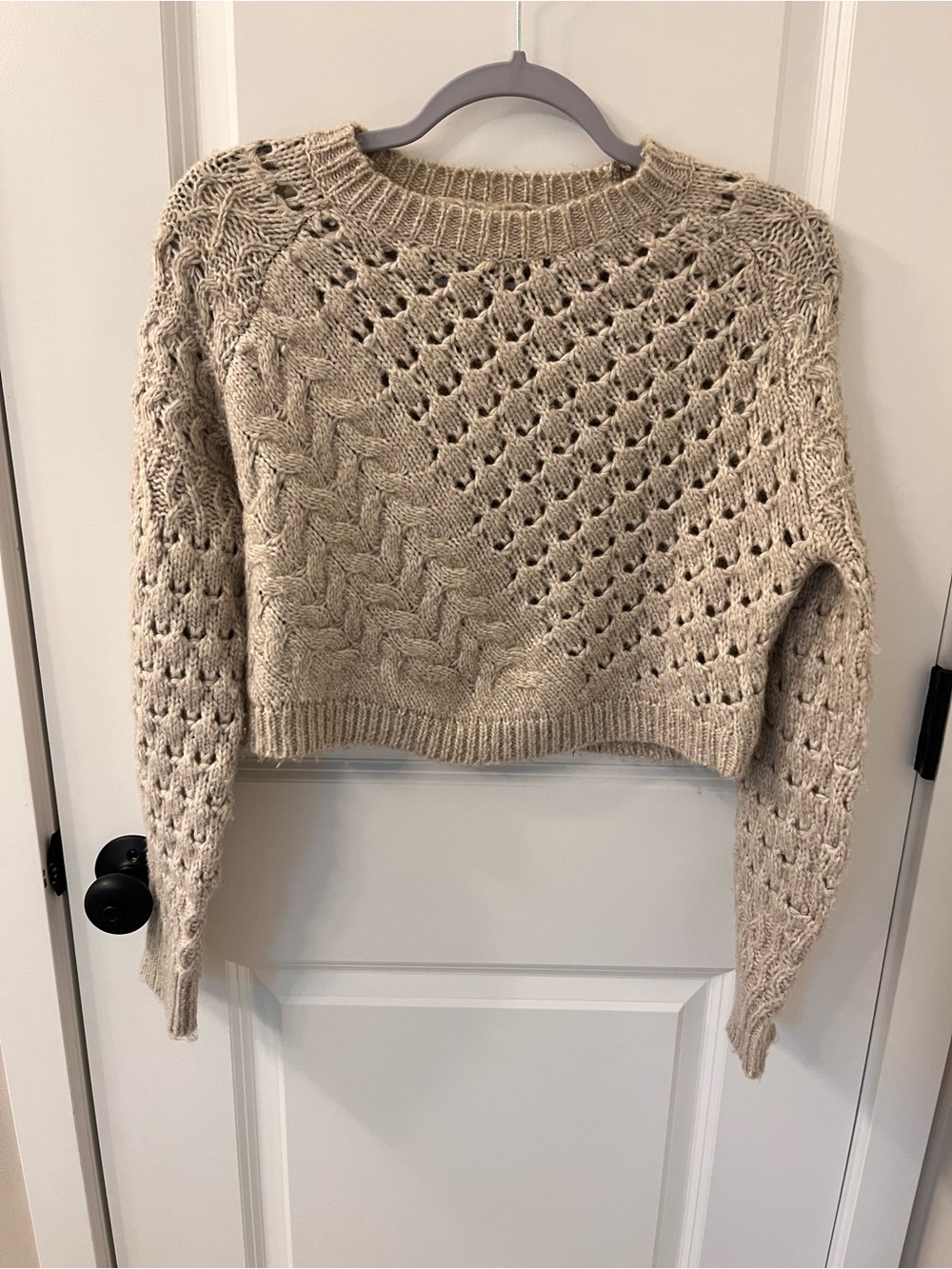 Altar'd State Open-Knit Cropped Crewneck Sweater - Beige